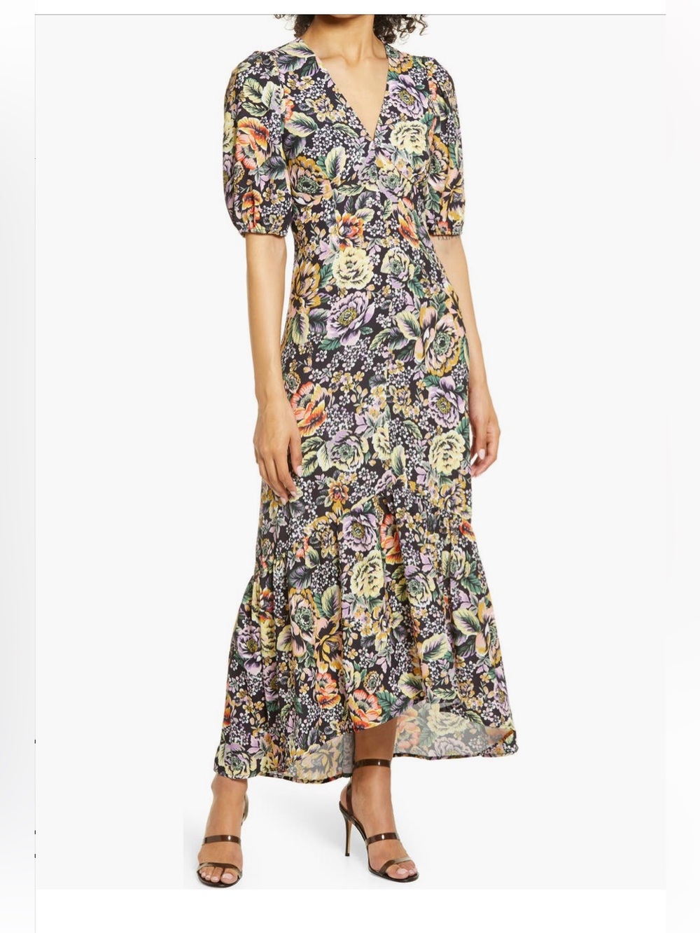 Floral High-Low Maxi Dress in Black Multi
